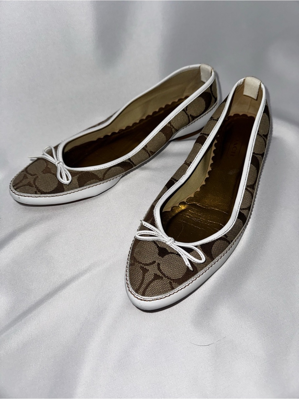 Coach Tan/Brown Signature Canvas Ballet Flats with White Trim